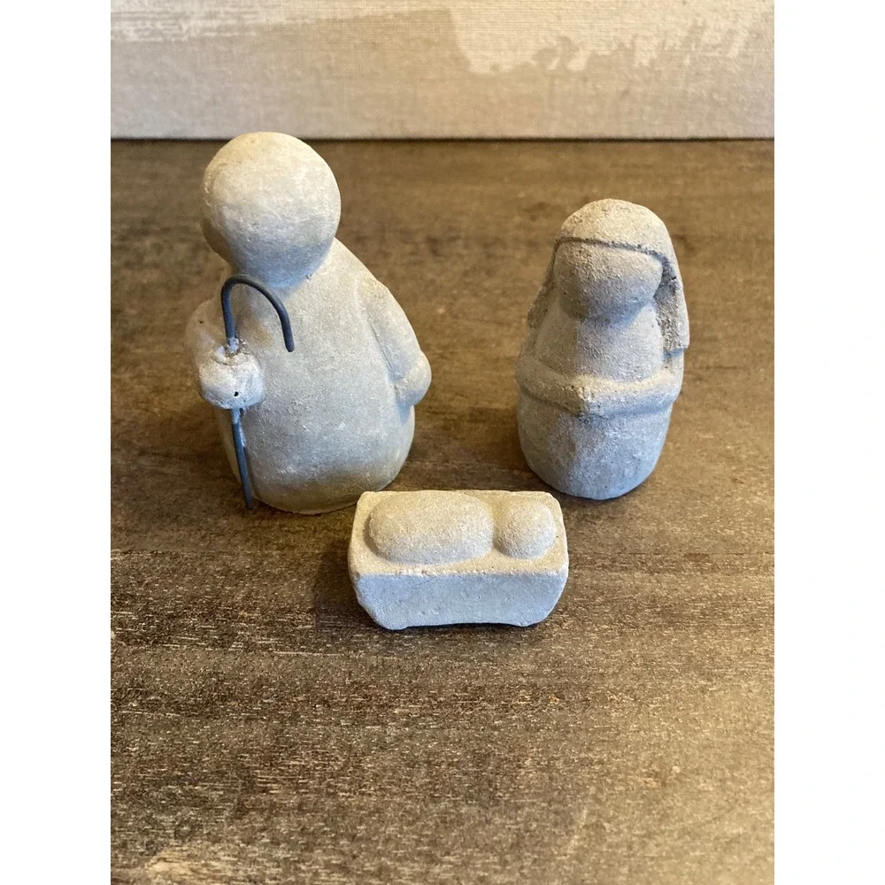 Minimalist Stone Nativity Set 3 Piece Primitive Grey Holy Family Figurines